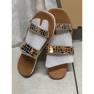 ONCAI Women Gold‎ Khaki Flat Sandals Embellished Rhinestone Studded Slip Size 11